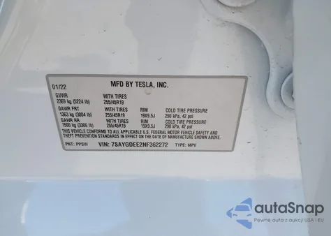 2022 Tesla Model Y Long Range Dual Motor All-Wheel Drive z USA, uszkodzony, nr VIN 7SAYGDEE2NF362272